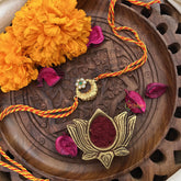 Vriksham Rakshabandhan Kundan Jadau Golden Half Moon With Flower Pendant Rakhi-Green White-G18963